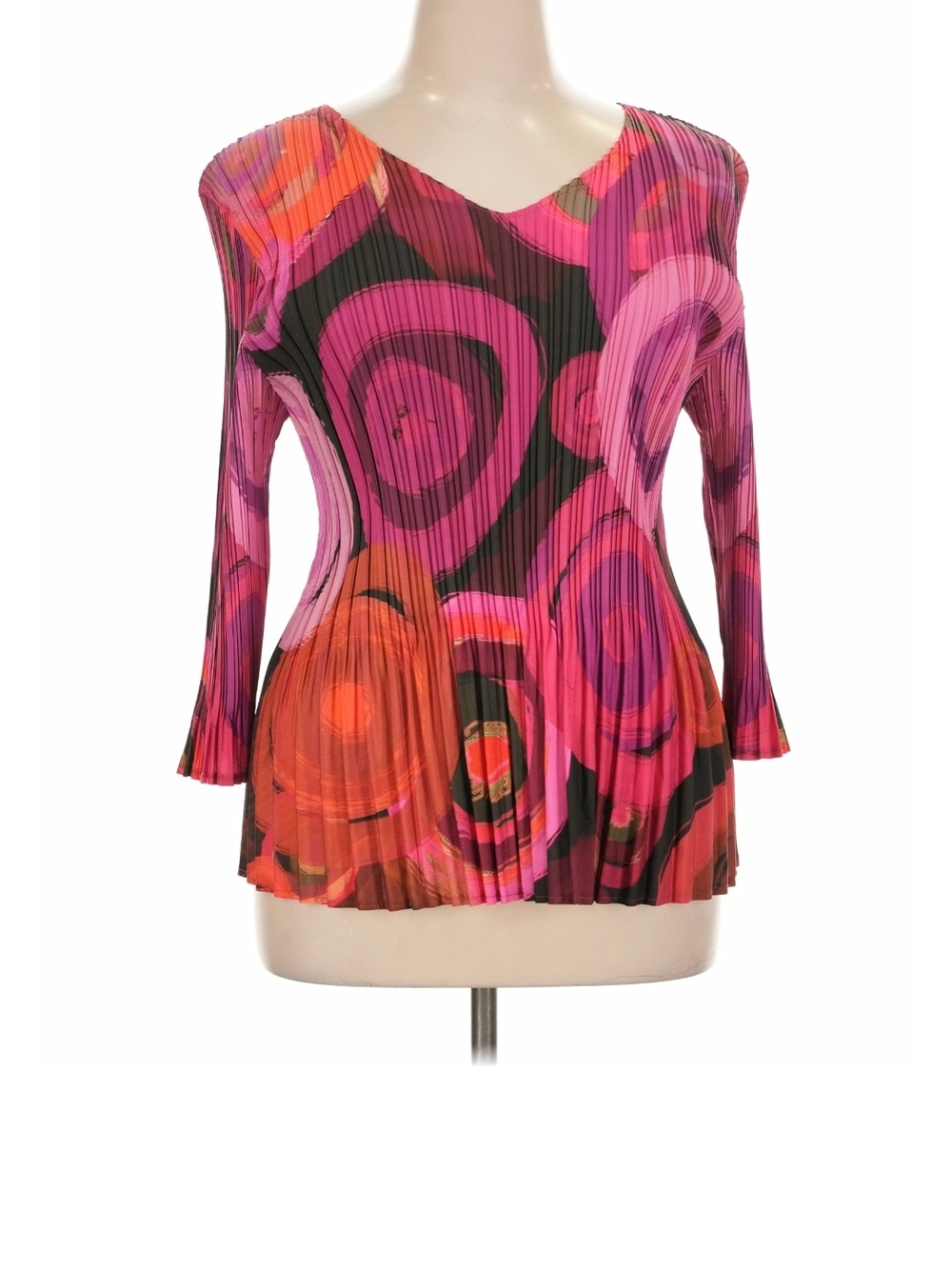 Milano Women's Pink & Orange Abstract Pleated V-Neck Top